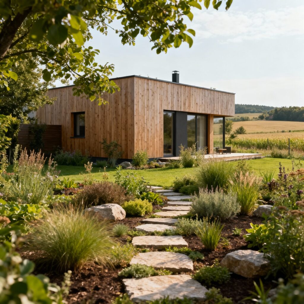 modern készház, szépen kialakított kerttel